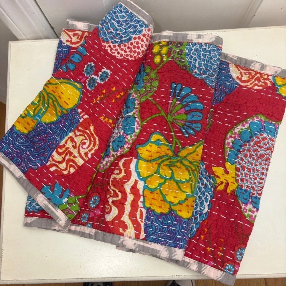 Handmade Lined Kantha Table Runner Floral Cotton Quilted Boho Hippie 13x84 India